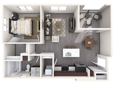 Floor plan for 1 bed, 1 bath, 673 sqft